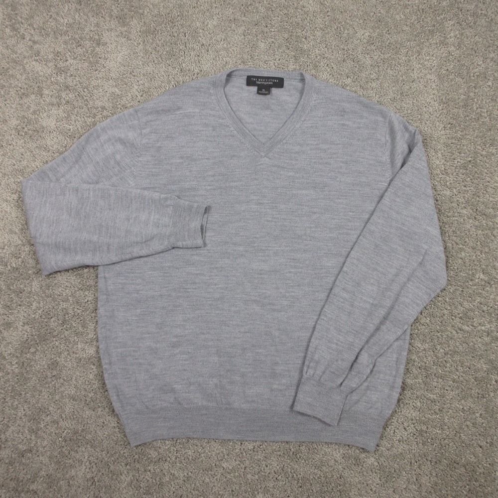 Bloomingdales Sweater Mens XL Gray Merino Wool V-Neck Pullover Knit Heather EUC